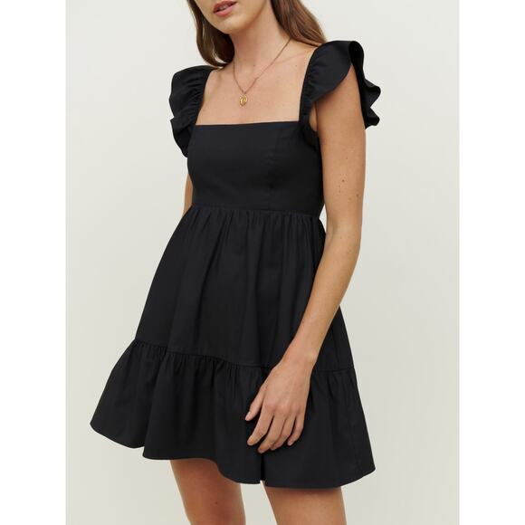 Reformation Jeune Black Tiered Square Neck Cap Sleeve Mini Dress Size 6 - Picture 1 of 6